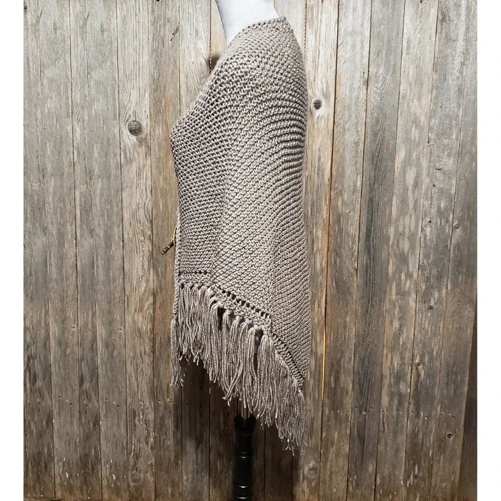 NEW‎ Taupe Metallic Hand Knitted Shawl Wrap Scarf Boho Hippie Fringe Art Cottage